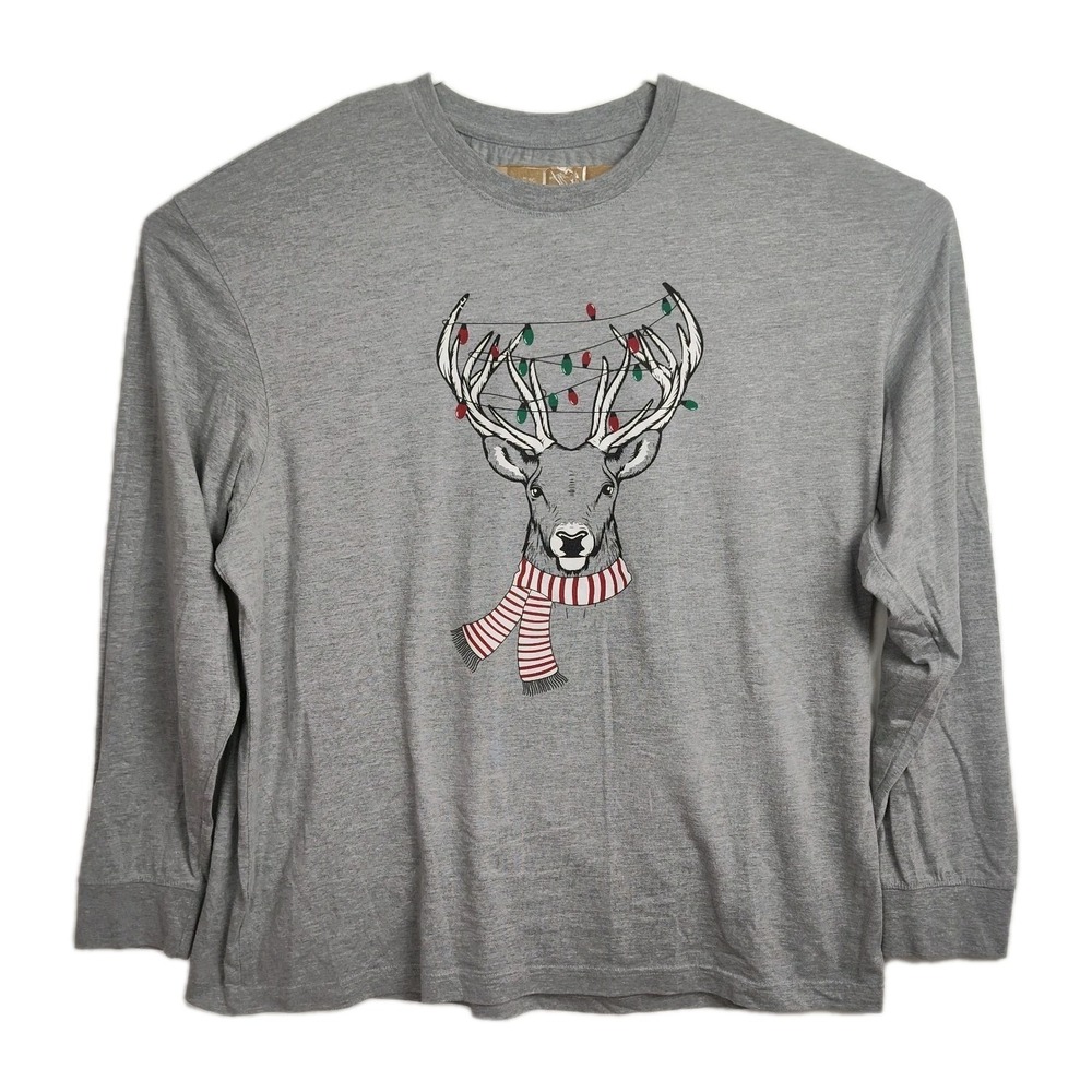 Red Head Brand Long-Sleeved Christmas T-Shirt Men's 2XL Gray Deer w/ Lights